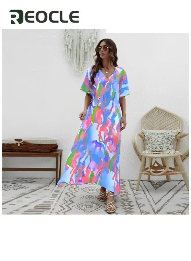 REOCLE Women's Maxi Dress with Elegant Print Casual Half Sleeves Dresses V-neck Large Skirt Dress Summer Plus Size Beachwear Long Dress  - Image 1