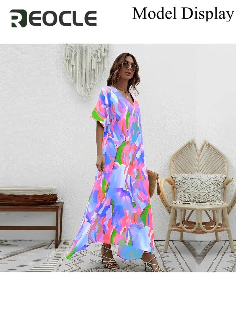 REOCLE Women's Maxi Dress with Elegant Print Casual Half Sleeves Dresses V-neck Large Skirt Dress Summer Plus Size Beachwear Long Dress  - Image 2