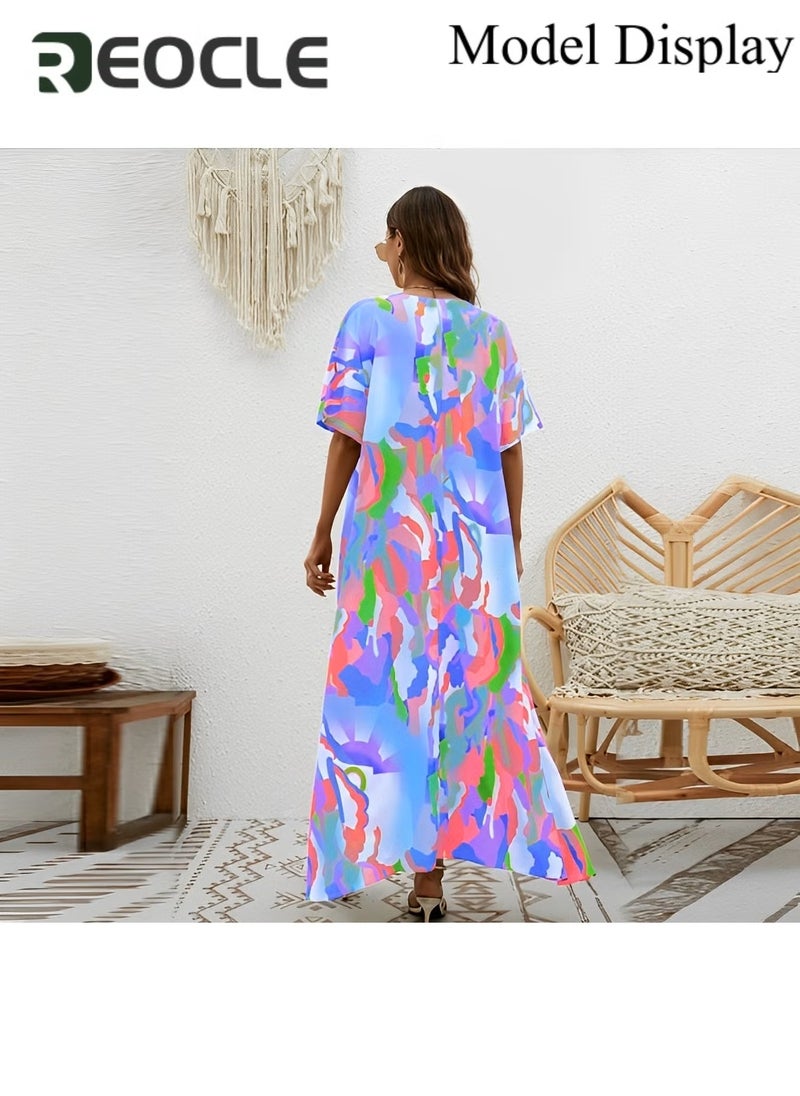REOCLE Women's Maxi Dress with Elegant Print Casual Half Sleeves Dresses V-neck Large Skirt Dress Summer Plus Size Beachwear Long Dress  - Image 3