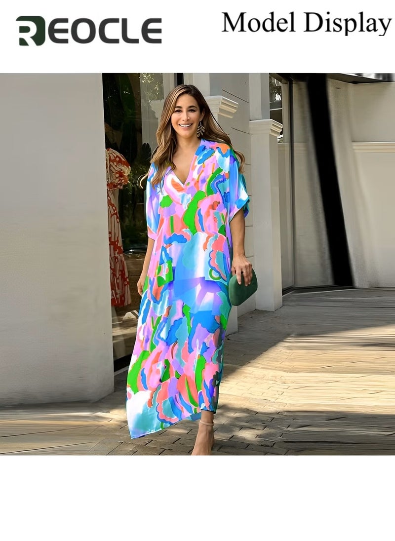 REOCLE Women's Maxi Dress with Elegant Print Casual Half Sleeves Dresses V-neck Large Skirt Dress Summer Plus Size Beachwear Long Dress  - Image 4