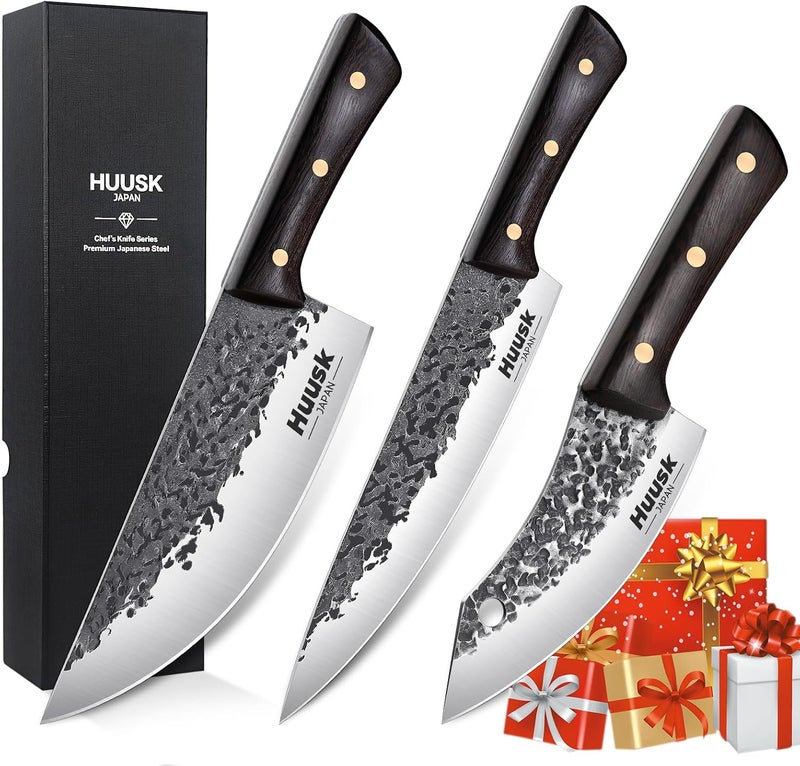Huusk Hand Forged Chef Knife Set, High Carbon Steel Butcher Knife Set, Japanese Kitchen Knives for Home, Outdoor BBQ Camping Cooking, Christmas Gift Idea Men - Image 1