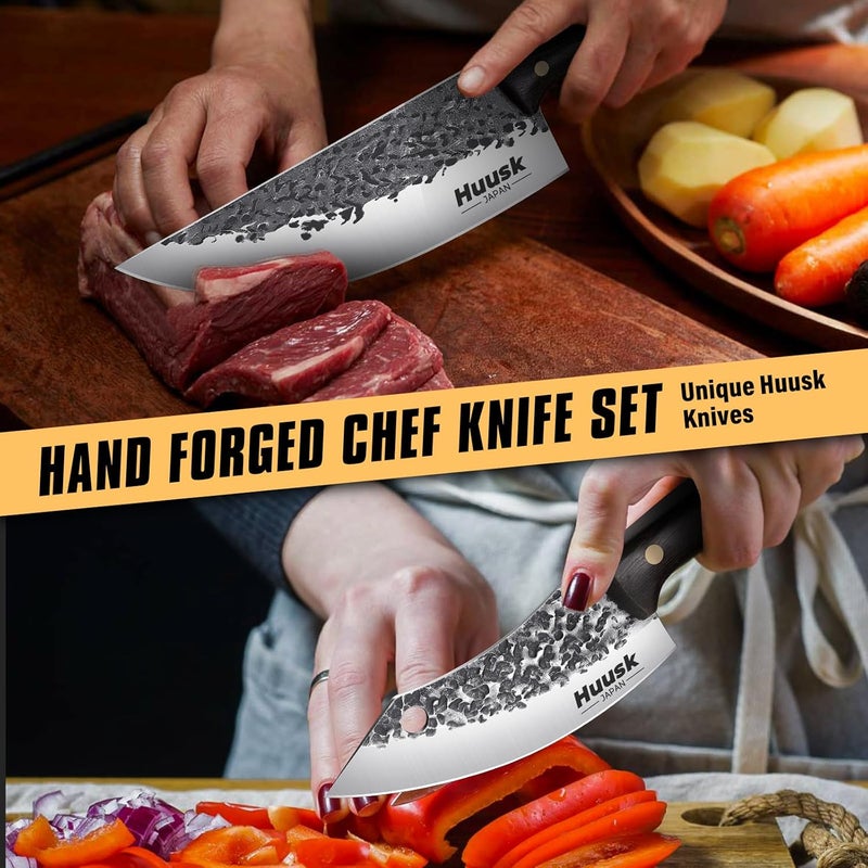 Huusk Hand Forged Chef Knife Set, High Carbon Steel Butcher Knife Set, Japanese Kitchen Knives for Home, Outdoor BBQ Camping Cooking, Christmas Gift Idea Men - Image 4