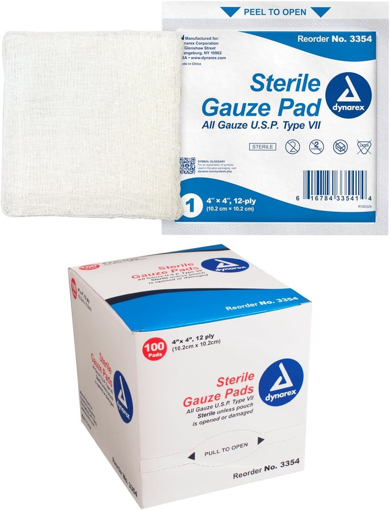 Dynarex Sterile Gauze Pads - Absorbent Cotton Fabric With Folded Edges - Soft, Durable, Individually Wrapped Dressing - 4x4", 12-Ply - Box of 100 Pads