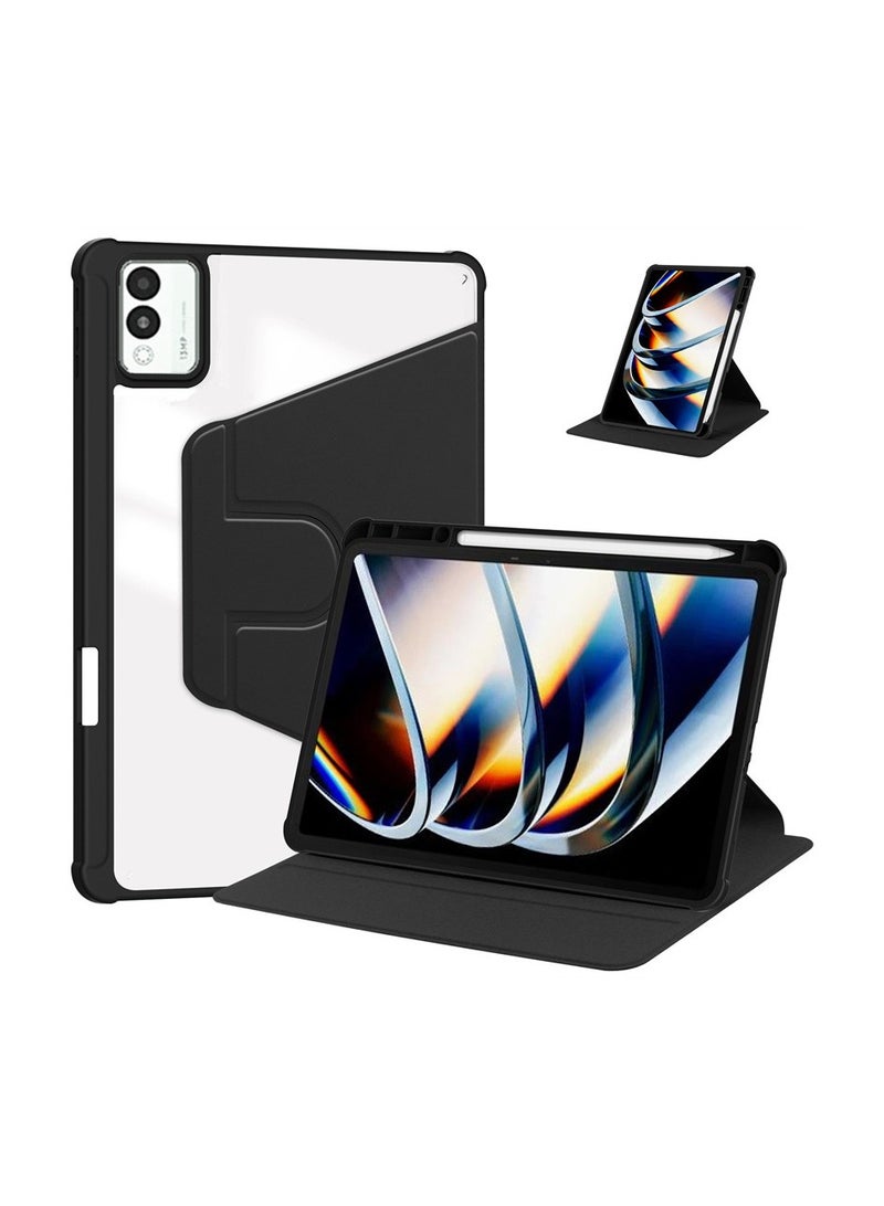 general tecno megapad 11 tablet leather case with auto wake/sleep function, 360° rotating stand acrylic transparent back cover built-in pen holder - Image 1