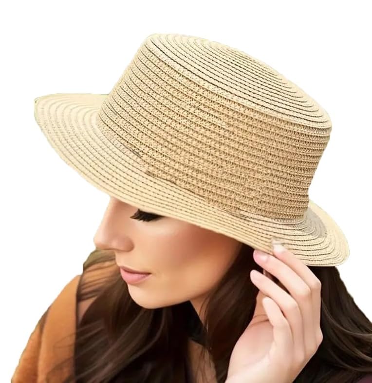 CLOTHERA Summer Brim Floppy Straw Beach Hats for Women (Beige Top Hat) - Image 1