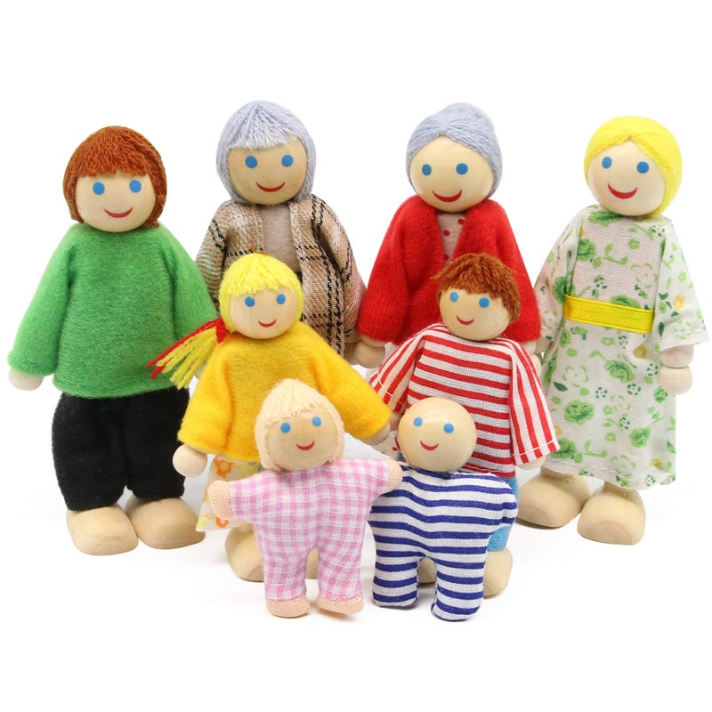PUCKWAY Lovely Happy Dollhouse Dolls Family Set of 8 Wooden Figures for Children House Pretend Gift - Image 1