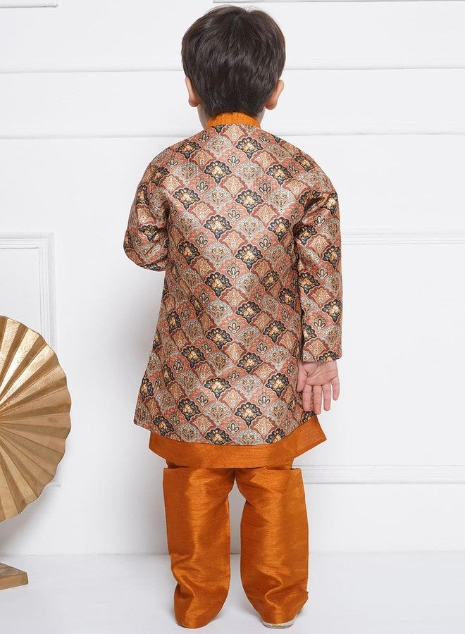 AJ DEZINES Kids Ethnic Wear Raw Silk Printed Rust Indo Western Sherwani Set For Boys (7069-Rust-7) - Image 4
