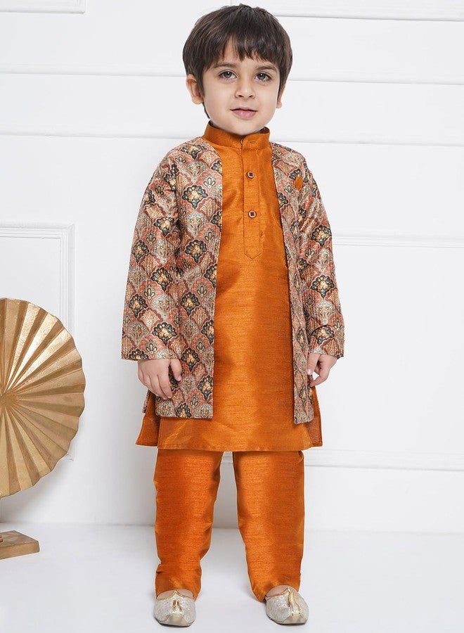 AJ DEZINES Kids Ethnic Wear Raw Silk Printed Rust Indo Western Sherwani Set For Boys (7069-Rust-7) - Image 2