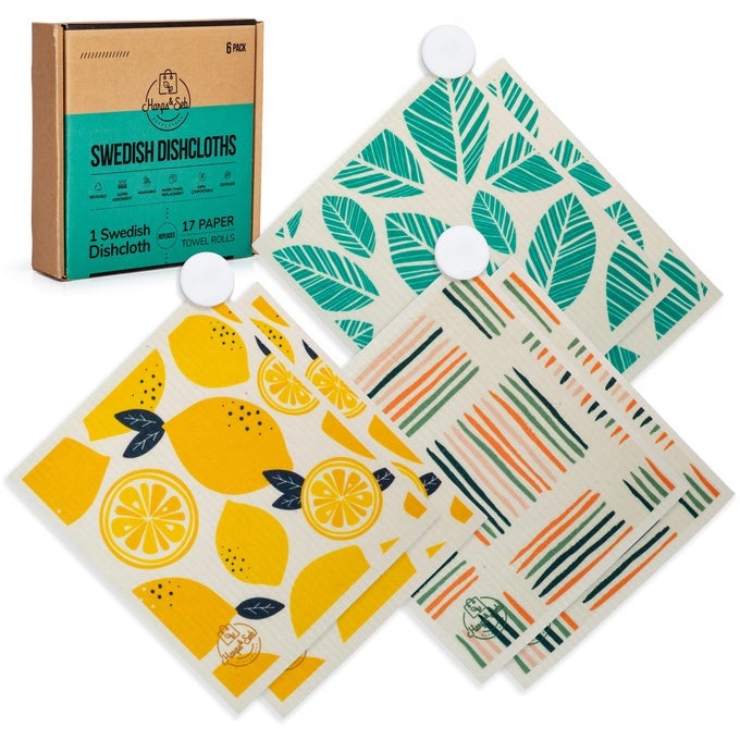 HARPSSEB SWEDISH DISHCLOTHS FOR KITCHEN DISH TOWELS 6 PACK REUSABLE PAPER TOWELS WITH CLIPS SUPER ABSORBENT WASHABLE NONSCRATCH SWEDISH DISH TOWELS NO ODOR BIODEGRADABLE