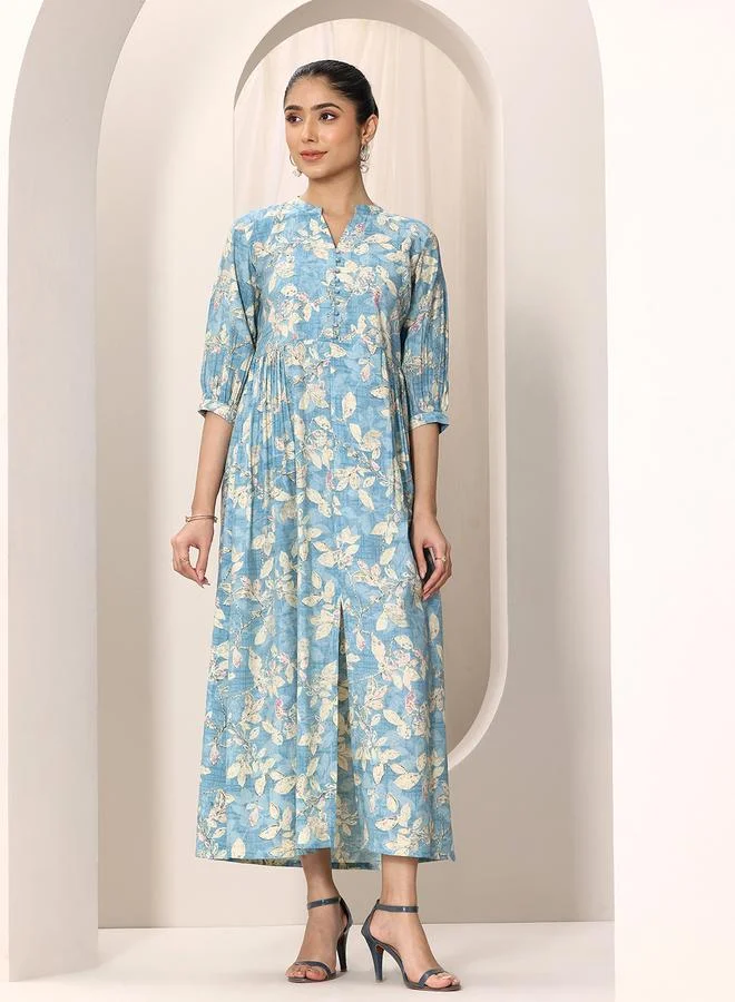 Libas Blue Printed Silk Blend A-Line Midi Dress