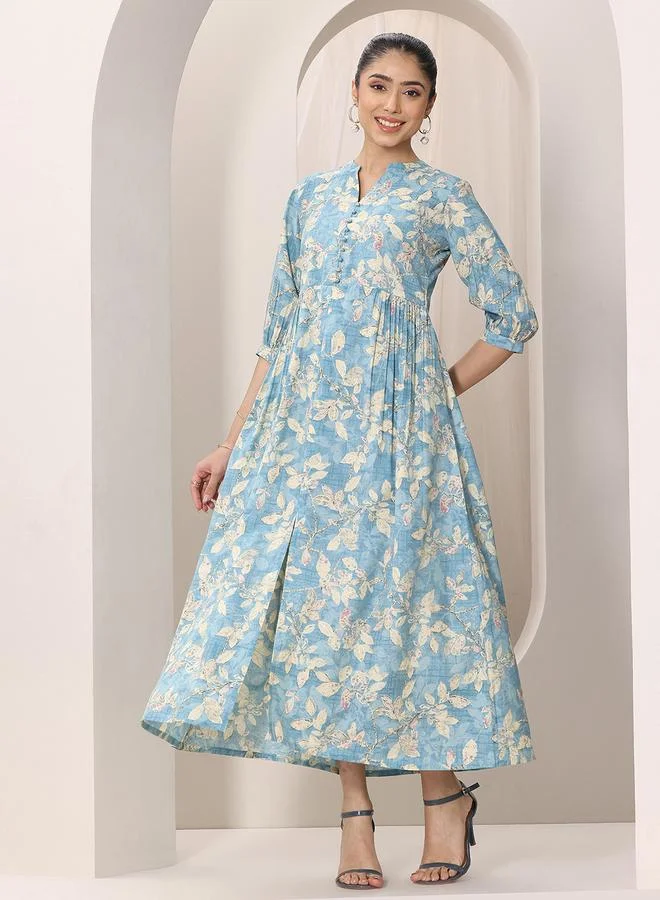 Libas Blue Printed Silk Blend A-Line Midi Dress