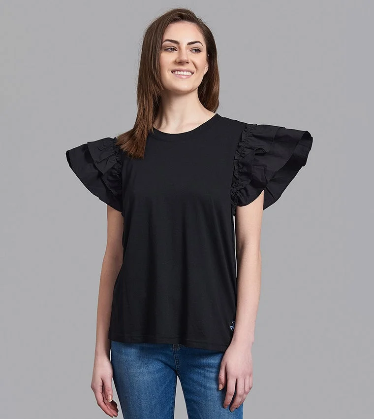 Crew-Neck T-shirt with Ruffled Sleeves