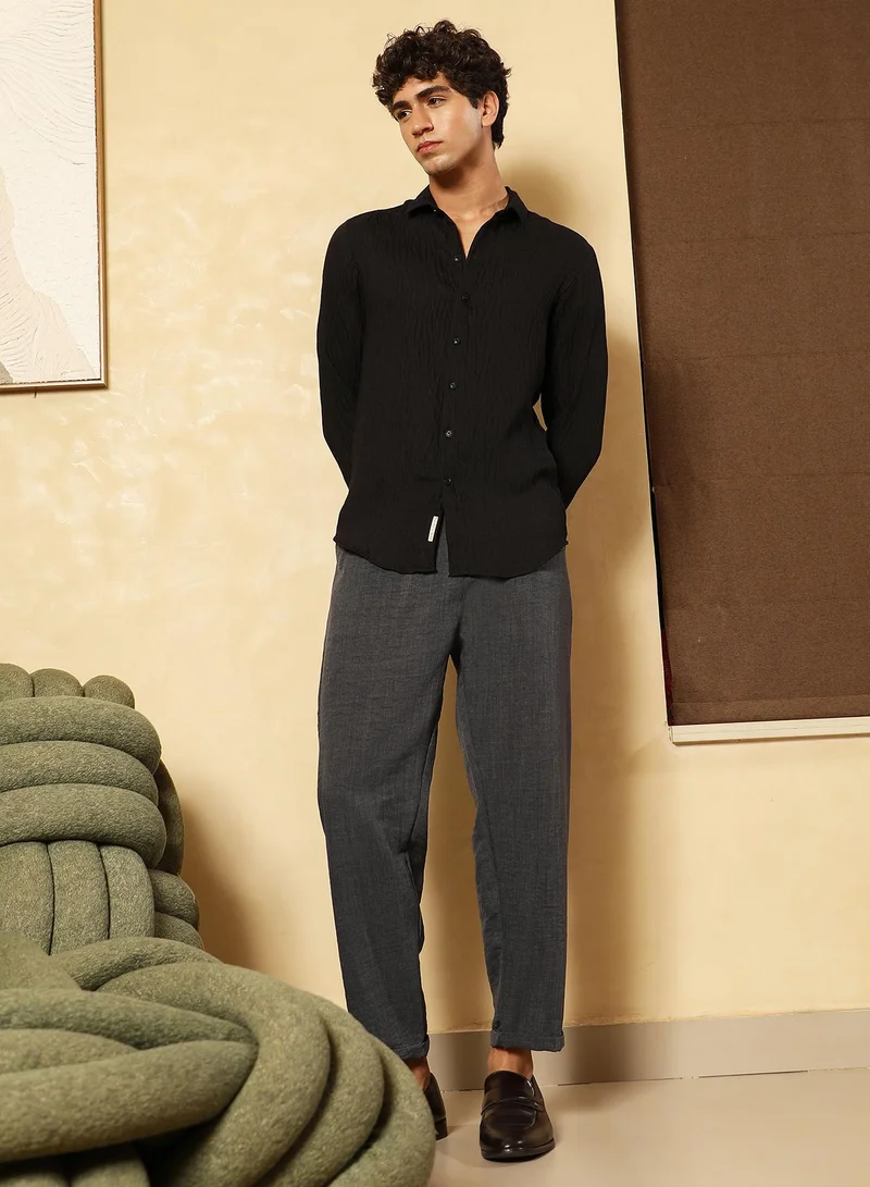 CAHOOT  Men's Onyx Black Solid Creased-Tactile Shirt for Men | Best Price UAE