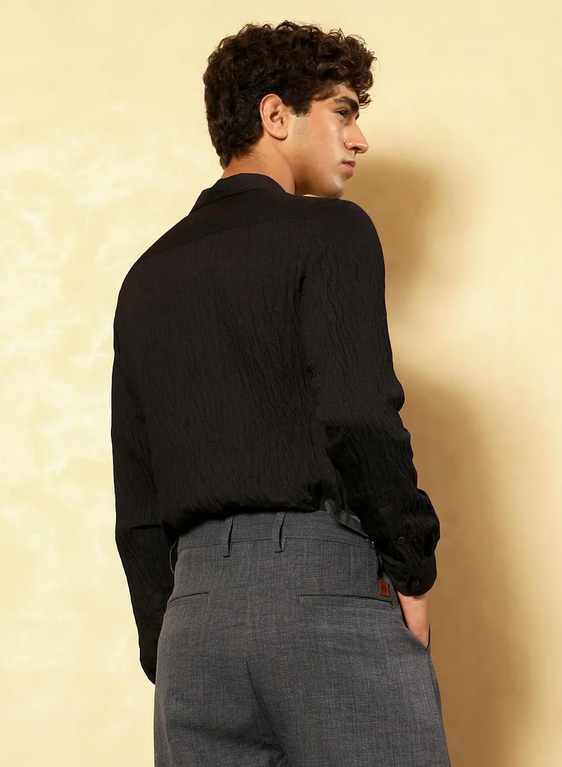 CAHOOT  Men's Onyx Black Solid Creased-Tactile Shirt for Men | Best Price UAE