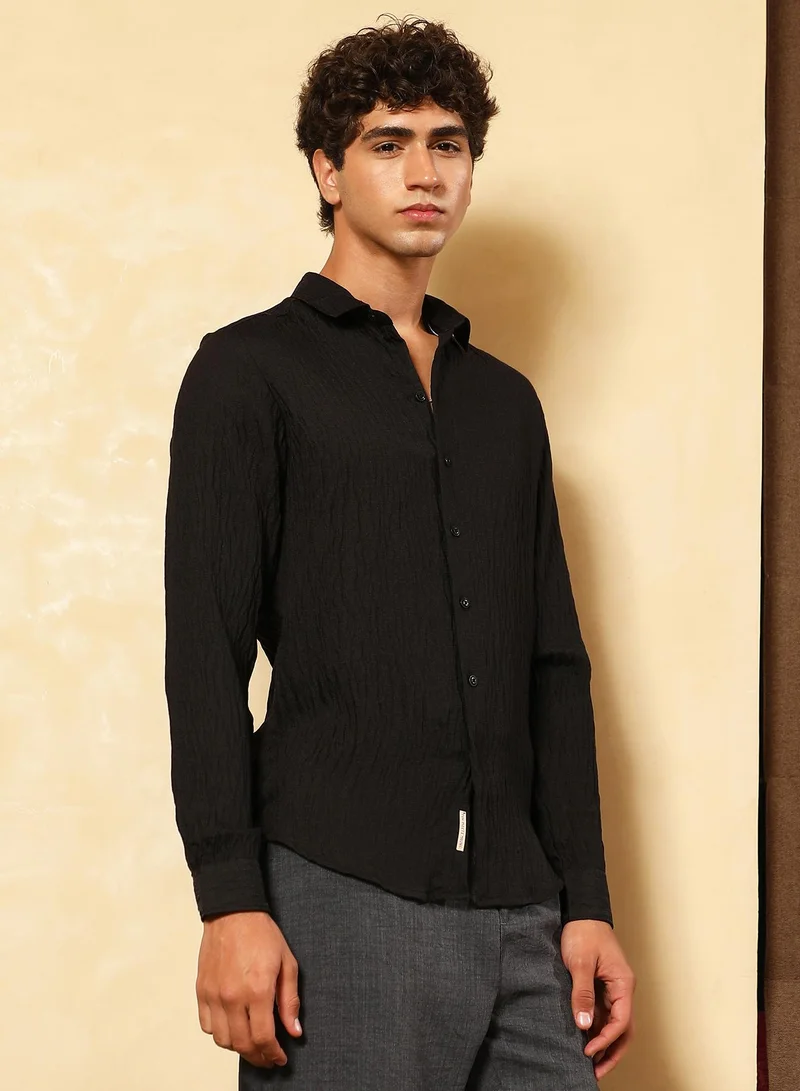 CAHOOT  Men's Onyx Black Solid Creased-Tactile Shirt for Men | Best Price UAE