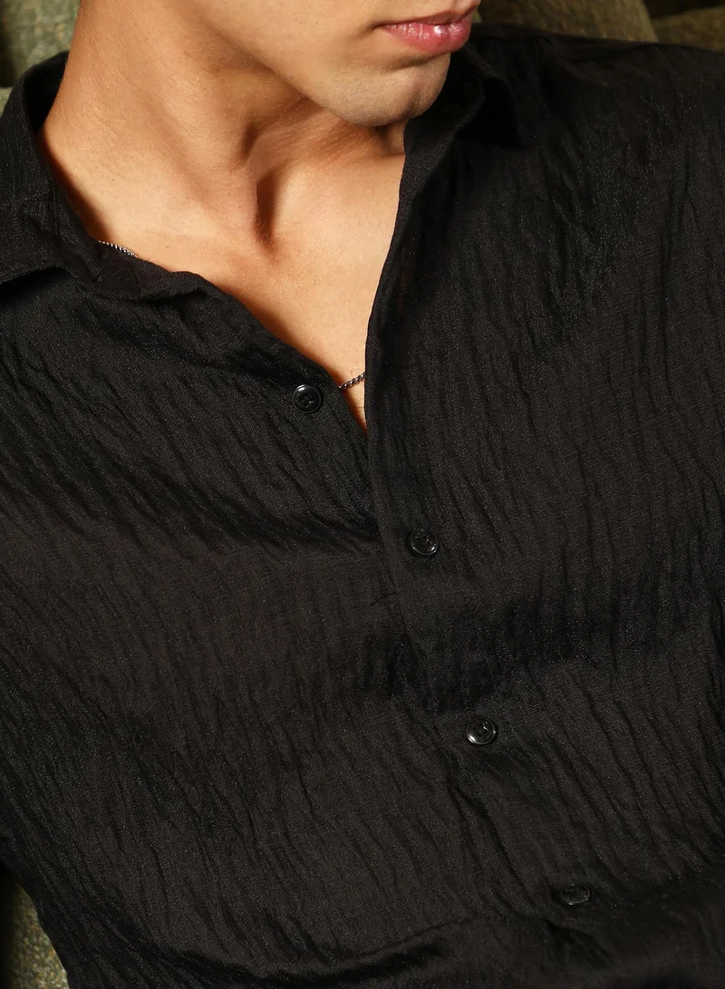 CAHOOT  Men's Onyx Black Solid Creased-Tactile Shirt for Men | Best Price UAE