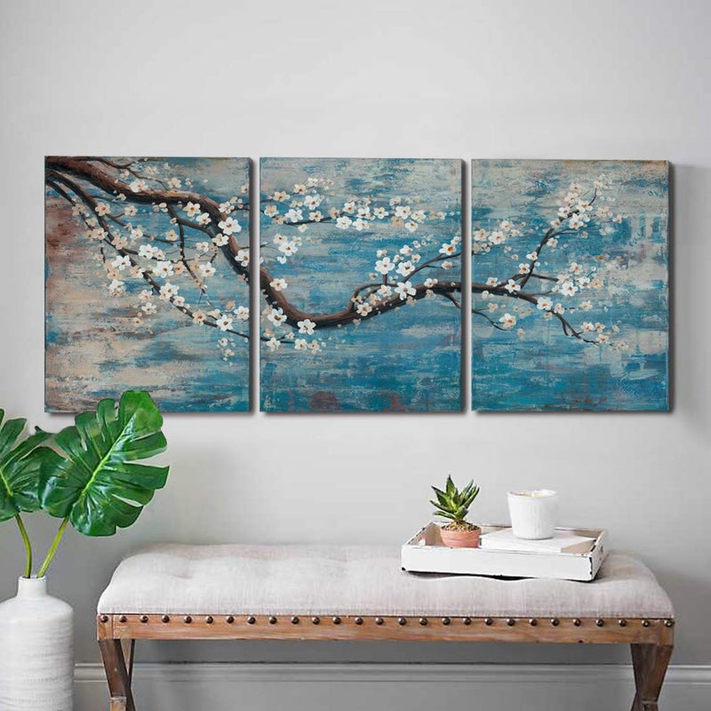 amatop 3 Piece Wall Art Hand-Painted Framed Flower Oil Painting On Canvas Gallery Wrapped Modern Floral Artwork for Living Room Bedroom DÃ©cor Teal Blue Lake Ready to Hang 12"x16"x3 panel - Image 1
