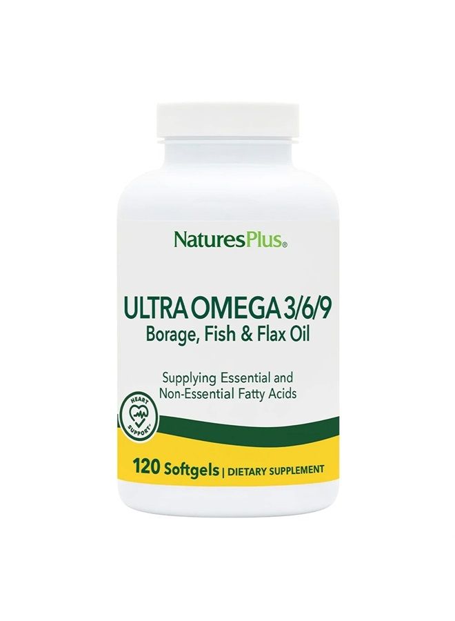 Nature's Plus ناتشرز بلس ألترا أوميغا 3 6 9 - 1200 ملغ، 120 كبسولة لينة - زيت البوراج، زيت السمك، زيت الكتان - خالٍ من الغلوتين - 120 حصة - Image 1