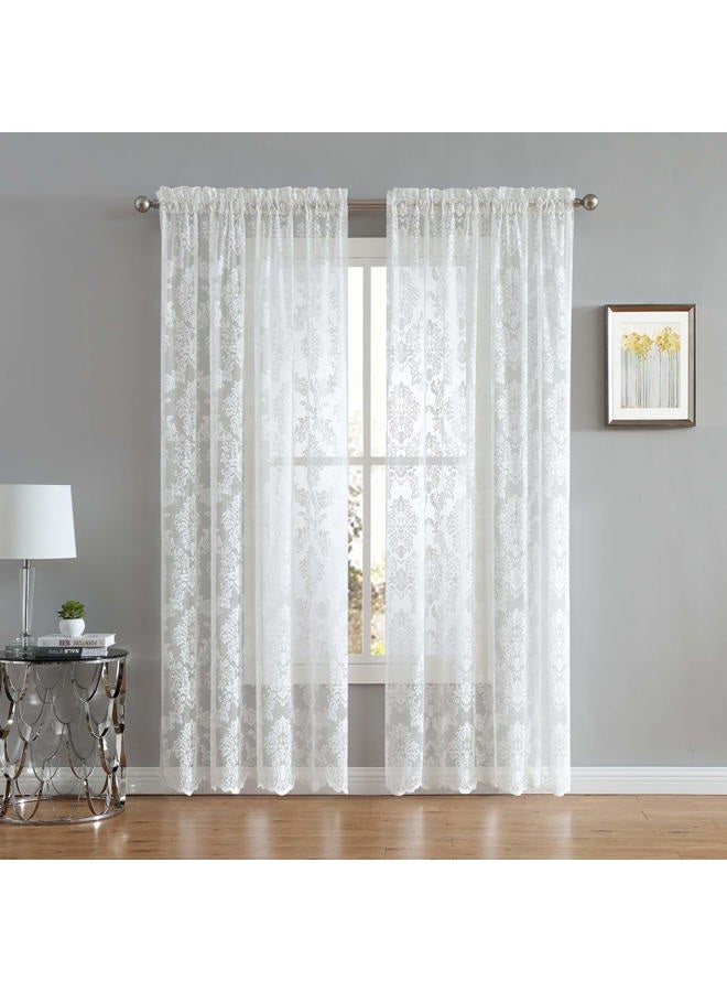 LinenZone Fiona Knitted Lace Curtain Medallion Design with Scalloped Bottom - Rod Pocket - Total Size 108 Inch Wide (54" Each Panel) - 96 Inch Long (2 Panels 54 x 96, Ivory) - Image 1