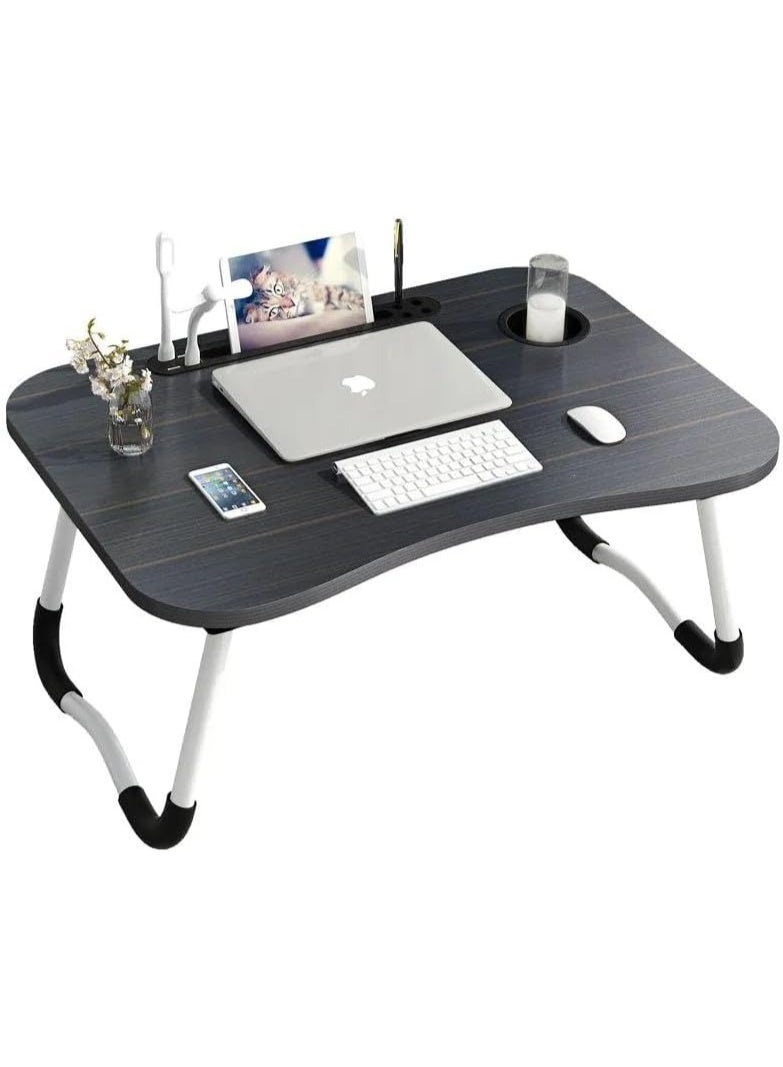 مكتب كمبيوتر محمول قابل للتعديل والطي مع حامل أكواب ومساحة تخزين - طاولة كمبيوتر متعددة الوظائف للسرير والأريكة والأرضية والدراسة والعمل والتخييم والوجبات - خفيف الوزن ومتين ومريح (أسود) - Image 1