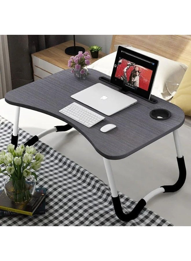 مكتب كمبيوتر محمول قابل للتعديل والطي مع حامل أكواب ومساحة تخزين - طاولة كمبيوتر متعددة الوظائف للسرير والأريكة والأرضية والدراسة والعمل والتخييم والوجبات - خفيف الوزن ومتين ومريح (أسود) - Image 3