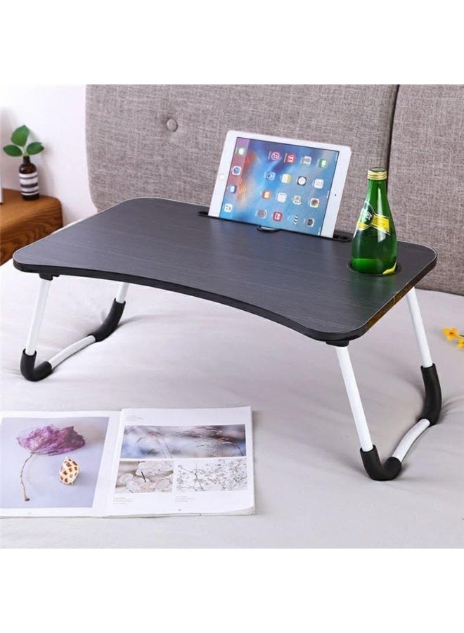مكتب كمبيوتر محمول قابل للتعديل والطي مع حامل أكواب ومساحة تخزين - طاولة كمبيوتر متعددة الوظائف للسرير والأريكة والأرضية والدراسة والعمل والتخييم والوجبات - خفيف الوزن ومتين ومريح (أسود) - Image 4