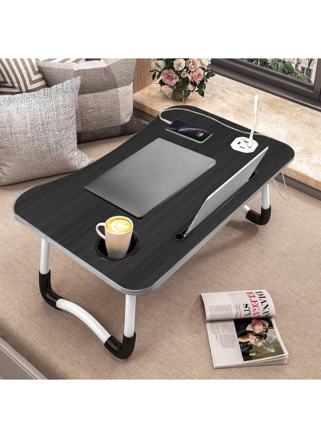 مكتب كمبيوتر محمول قابل للتعديل والطي مع حامل أكواب ومساحة تخزين - طاولة كمبيوتر متعددة الوظائف للسرير والأريكة والأرضية والدراسة والعمل والتخييم والوجبات - خفيف الوزن ومتين ومريح (أسود) - Image 5