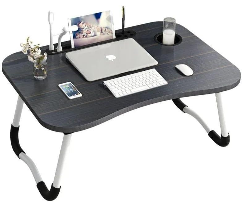 Adjustable and foldable laptop desk with cup holder and storage space - Multifunctional computer table for bed, sofa, floor, study, work, camping and meals - Lightweight, durable and comfortable (Black) - Image 1