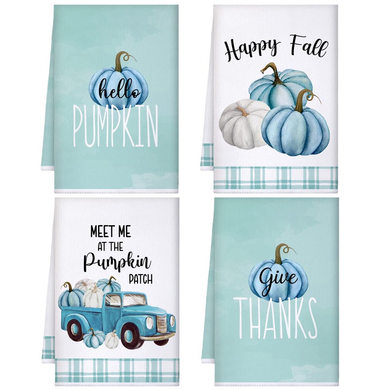 Sratte Sratte 4 Pcs Fall Kitchen Towels Thanksgiving Dish Towels 16 x 24 Inch Autumn Pumpkin Hand Towels Decorative Harvest Tea Towel Absorbent Dishcloth for Bathroom Kitchen(Blue  White Pumpkins)  - Image 1