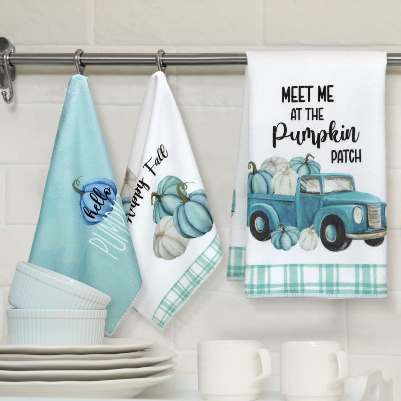 Sratte Sratte 4 Pcs Fall Kitchen Towels Thanksgiving Dish Towels 16 x 24 Inch Autumn Pumpkin Hand Towels Decorative Harvest Tea Towel Absorbent Dishcloth for Bathroom Kitchen(Blue  White Pumpkins)  - Image 2