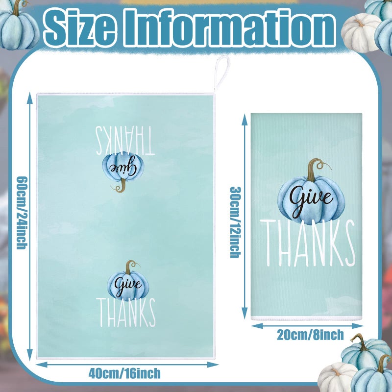 Sratte Sratte 4 Pcs Fall Kitchen Towels Thanksgiving Dish Towels 16 x 24 Inch Autumn Pumpkin Hand Towels Decorative Harvest Tea Towel Absorbent Dishcloth for Bathroom Kitchen(Blue  White Pumpkins)  - Image 3