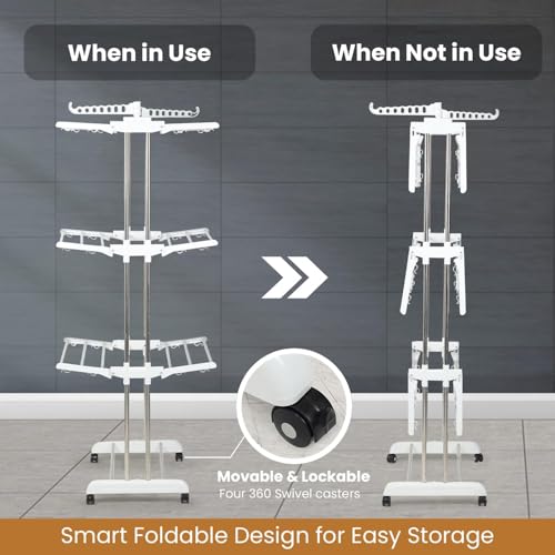 H Houseware Foldable Stainless Steel Cloth Drying Stand 3 Tier Heavy-Duty Clothes Dryer with Wheels & Hanger Slots | Rust-Proof Laundry Rack for Balcony, Indoor & Outdoor Use(White) - Image 5