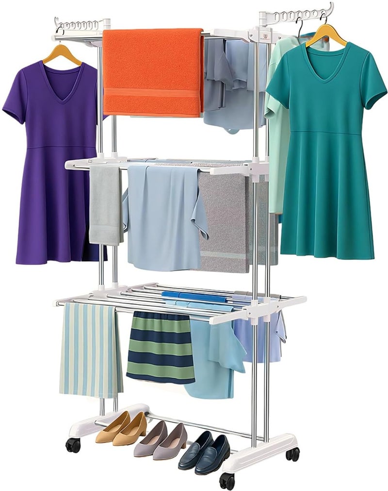 H Houseware Foldable Stainless Steel Cloth Drying Stand 3 Tier Heavy-Duty Clothes Dryer with Wheels & Hanger Slots | Rust-Proof Laundry Rack for Balcony, Indoor & Outdoor Use(White) - Image 1