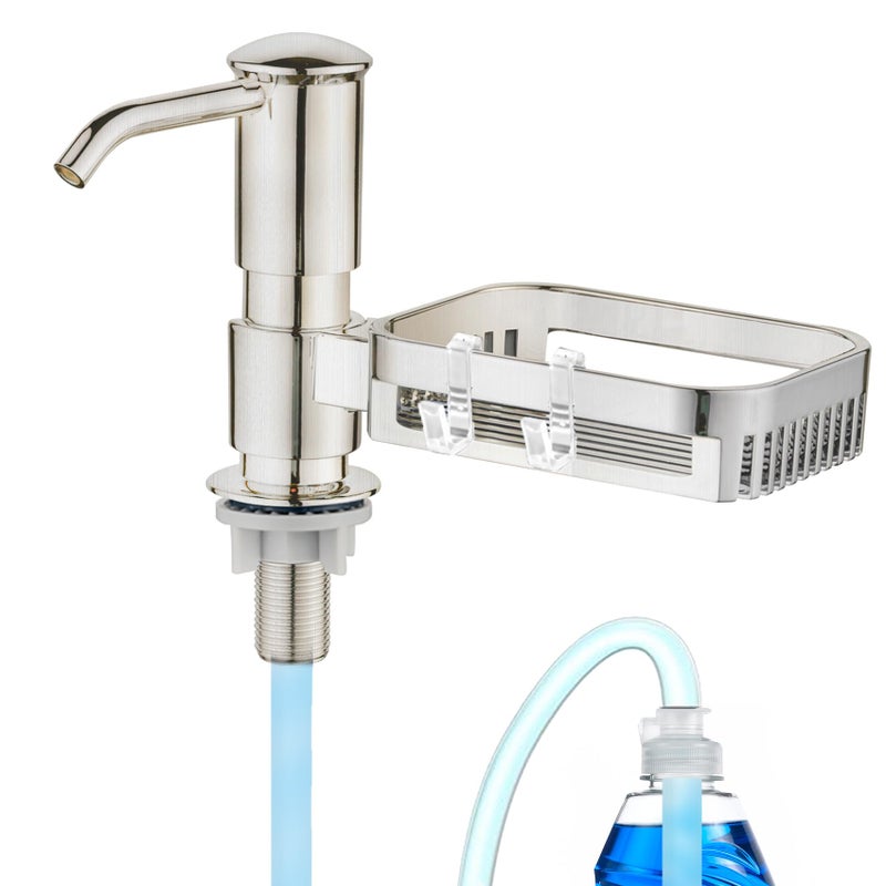 HAPPUP Soap Dispenser for Kitchen Sink Built in Soap Dispenser Pump with Sponge Holder Under Counter Brushed Nickel ABS Pump Head with 38 Extension Tube Kit Good Suction Power