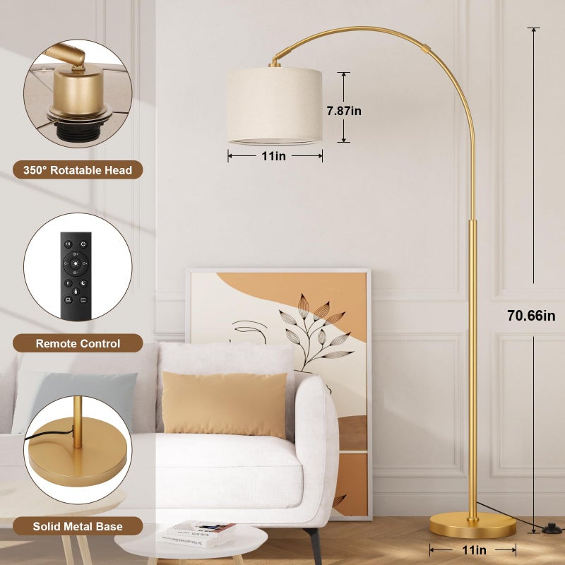 Ambimall Dimmable Arc Floor Lamp with Remote, Color Temperatures and Brightness Adjustable, Arched Floor Lamp with Rotating Head, Over Couch Arched Reading Light for Living Room (Deep Beige and Gold) - Image 2