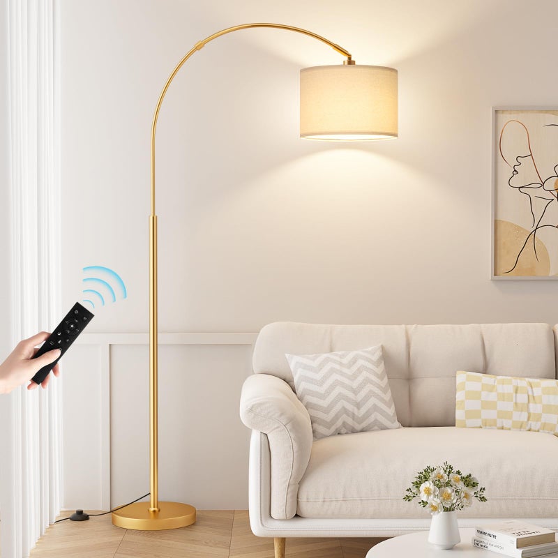 Ambimall Dimmable Arc Floor Lamp with Remote, Color Temperatures and Brightness Adjustable, Arched Floor Lamp with Rotating Head, Over Couch Arched Reading Light for Living Room (Deep Beige and Gold) - Image 1