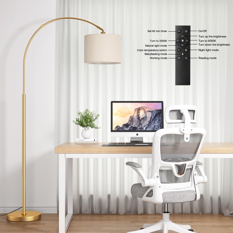 Ambimall Dimmable Arc Floor Lamp with Remote, Color Temperatures and Brightness Adjustable, Arched Floor Lamp with Rotating Head, Over Couch Arched Reading Light for Living Room (Deep Beige and Gold) - Image 3