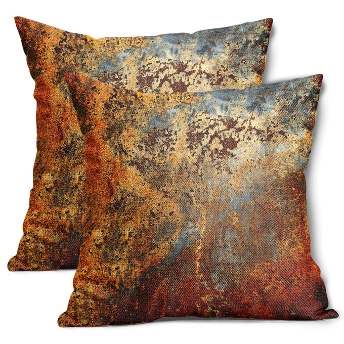 BROWN RUST METAL PILLOW COVERS 18X18 IN GOLD RUSTY CINNAMON COPPER BRONZE METALLIC PILLOW CASES ORANGE TEAL RUSTIC THROW PILLOWS SET OF 2 AUTUMN HOME DECOR FOR LIVING ROOM BEDROOM COUCH SOFA OUTDOOR