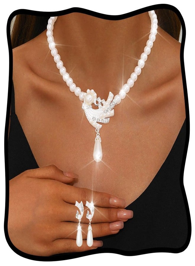 كامبسيس طقم مجوهرات كامبسيس بيرل، قلادة وأقراط بيضاء، إكسسوارات فساتين الزفاف والحفلات للنساء - Image 1