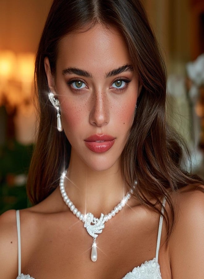 كامبسيس طقم مجوهرات كامبسيس بيرل، قلادة وأقراط بيضاء، إكسسوارات فساتين الزفاف والحفلات للنساء - Image 4