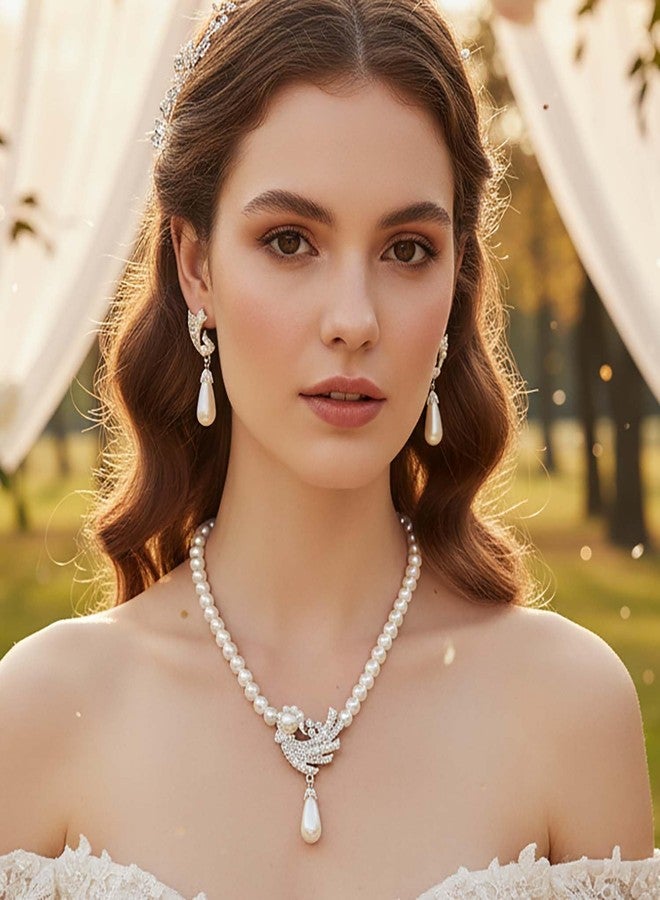 كامبسيس طقم مجوهرات كامبسيس بيرل، قلادة وأقراط بيضاء، إكسسوارات فساتين الزفاف والحفلات للنساء - Image 2