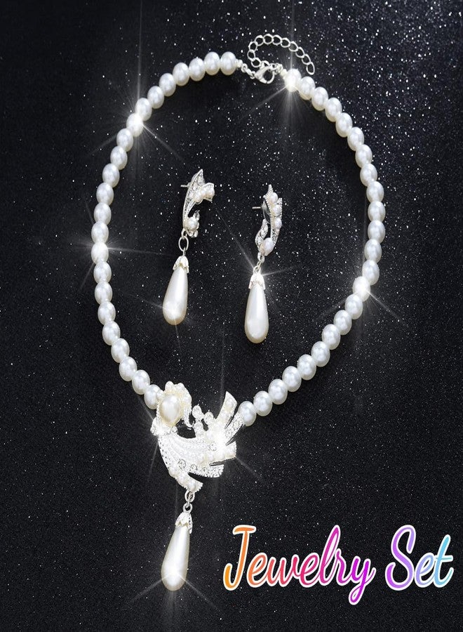 كامبسيس طقم مجوهرات كامبسيس بيرل، قلادة وأقراط بيضاء، إكسسوارات فساتين الزفاف والحفلات للنساء - Image 3