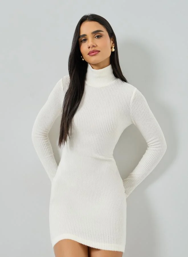 Take Two Women's Solid Texture High Neck Long Sleeve Mini Dress