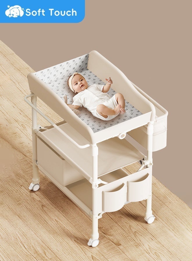 سوفت تاتش طاولة تغيير حفاضات الأطفال القابلة للطي مع عجلات، منظم لغرفة الأطفال حديثي الولادة، طاولة تغيير ملابس مع رف تخزين، هيكل معزز وارتفاع قابل للتعديل (بيج) - Image 2