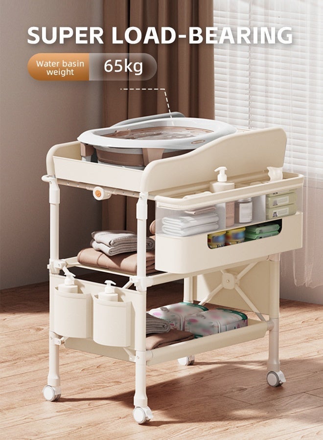 سوفت تاتش طاولة تغيير حفاضات الأطفال القابلة للطي مع عجلات، منظم لغرفة الأطفال حديثي الولادة، طاولة تغيير ملابس مع رف تخزين، هيكل معزز وارتفاع قابل للتعديل (بيج) - Image 4