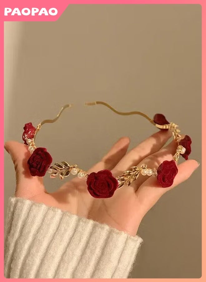 Pao pao Elegant Hairband Adorned With Pearl  Red Roses, And The Structure Coated With Shiny Gold - Image 5
