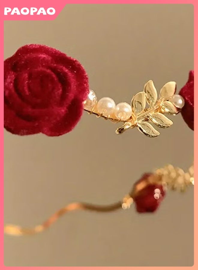Pao pao Elegant Hairband Adorned With Pearl  Red Roses, And The Structure Coated With Shiny Gold - Image 4