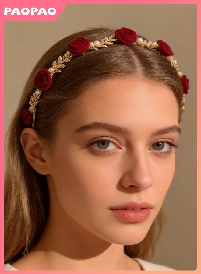 Pao pao Elegant Hairband Adorned With Pearl  Red Roses, And The Structure Coated With Shiny Gold - Image 1