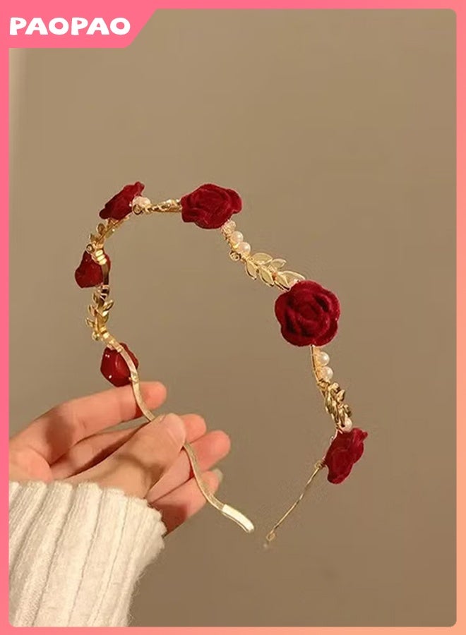 Pao pao Elegant Hairband Adorned With Pearl  Red Roses, And The Structure Coated With Shiny Gold - Image 2