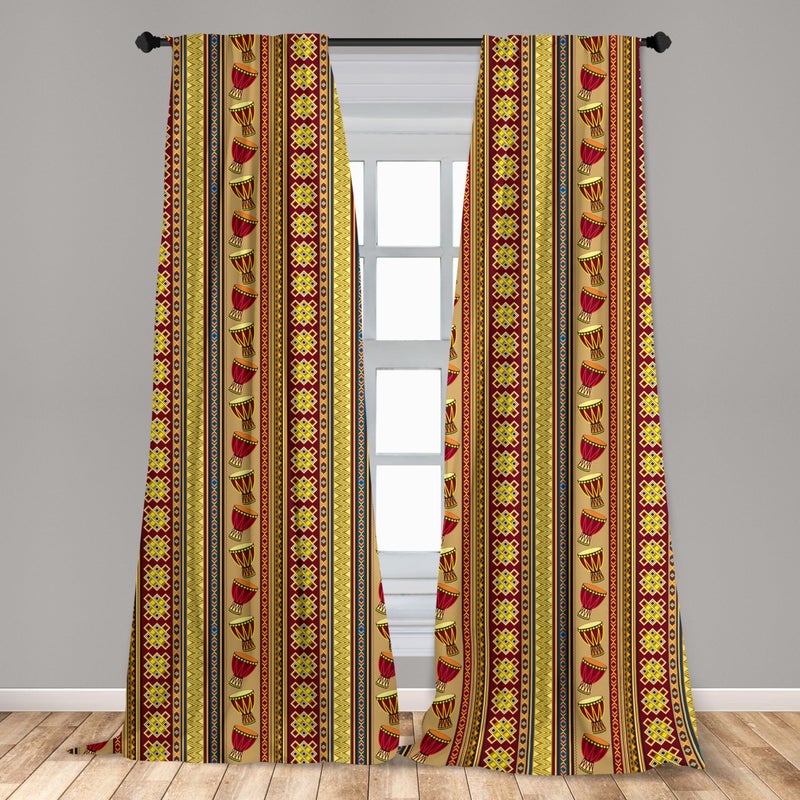 Ambesonne African Window Curtains Pack of 2  Oriental Djembe Drums Music Culture in Theme Geometric Chevrons Triangles  Lightweight Set with Rod Pocket  4 Panels of - 28"" x 84""  Yellow Ruby - Image 3